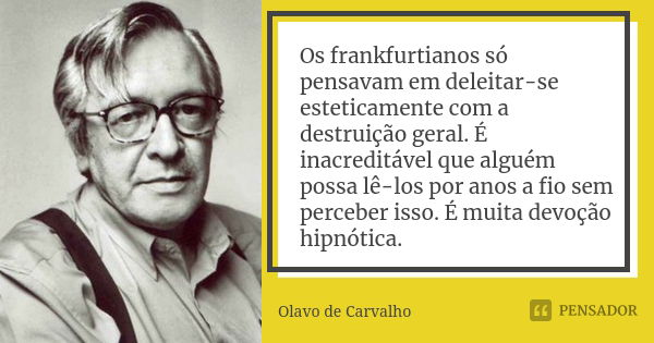 Os frankfurtianos só pensavam em deleitar-se esteticamente com a destruição geral. É inacreditável que alguém possa lê-los por anos a fio sem perceber isso. É m... Frase de Olavo de Carvalho.