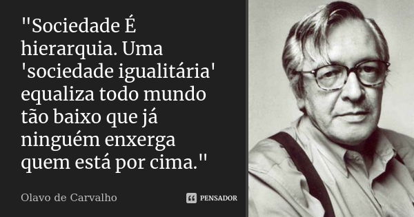 "Sociedade É hierarquia. Uma 'sociedade igualitária' equaliza todo mundo tão baixo que já ninguém enxerga quem está por cima."... Frase de Olavo de Carvalho.