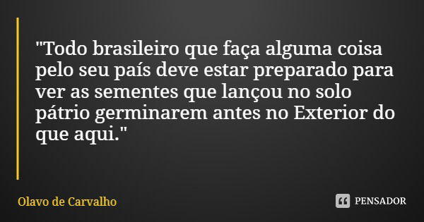"Todo brasileiro que faça alguma coisa pelo seu país deve estar preparado para ver as sementes que lançou no solo pátrio germinarem antes no Exterior do qu... Frase de Olavo de Carvalho.