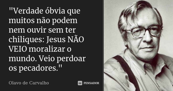 "Verdade óbvia que muitos não podem nem ouvir sem ter chiliques: Jesus NÃO VEIO moralizar o mundo. Veio perdoar os pecadores."... Frase de Olavo de Carvalho.