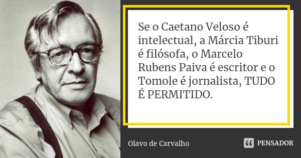 Se o Caetano Veloso é intelectual, a Márcia Tiburi é filósofa, o Marcelo Rubens Paiva é escritor e o Tomole é jornalista, TUDO É PERMITIDO.... Frase de Olavo de Carvalho.