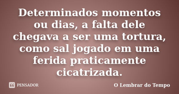 Determinados momentos ou dias, a falta dele chegava a ser uma tortura, como sal jogado em uma ferida praticamente cicatrizada.... Frase de O Lembrar do Tempo.