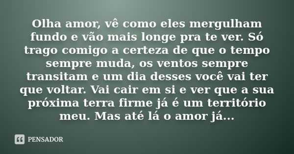 Olha amor, vê como eles mergulham fundo e vão mais longe pra te ver. Só trago comigo a certeza de que o tempo sempre muda, os ventos sempre transitam e um dia d