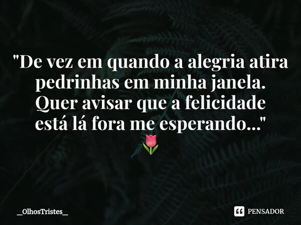 ⁠"De vez em quando a alegria atira pedrinhas em minha janela. Quer avisar que a felicidade está lá fora me esperando..." 🌷... Frase de _OlhosTristes_.