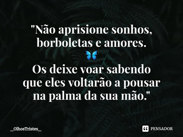 ⁠"Não aprisione sonhos,
borboletas e amores.
🦋
Os deixe voar sabendo
que eles voltarão а pousar
na palma da sua mão."... Frase de _OlhosTristes_.