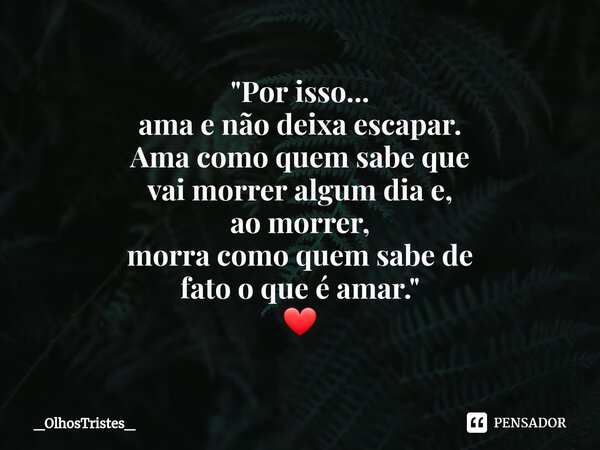 ⁠"Por isso... ama e não deixa escapar. Ama como quem sabe que vai morrer algum dia e, ao morrer, morra como quem sabe de fato o que é amar." ❤... Frase de _OlhosTristes_.