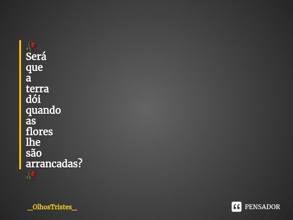 ⁠🥀
Será
que
a
terra
dói
quando
as
flores
lhe
são
arrancadas?
🥀... Frase de _OlhosTristes_.