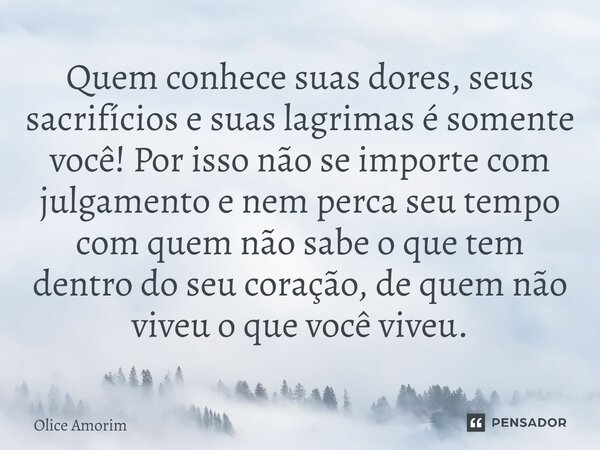 ⁠Quem conhece suas dores, seus sacrifícios e suas lagrimas é somente você! Por isso não se importe com julgamento e nem perca seu tempo com quem não sabe o que ... Frase de Olice Amorim.