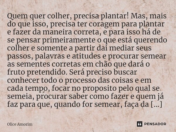 ⁠Quem quer colher, precisa plantar! Mas, mais do que isso, precisa ter coragem para plantar e fazer da maneira correta, e para isso há de se pensar primeirament... Frase de Olice Amorim.