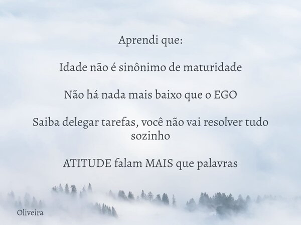 ⁠Aprendi que: Idade não é sinônimo de maturidade Não há nada mais baixo que o EGO Saiba delegar tarefas, você não vai resolver tudo sozinho ATITUDE falam MAIS q... Frase de Oliveira.