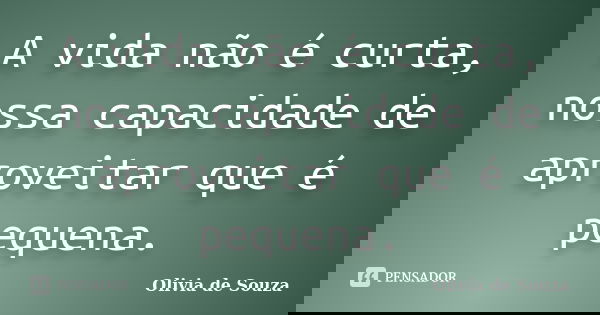 A vida não é curta, nossa capacidade de aproveitar que é pequena.... Frase de Olivia de Souza.