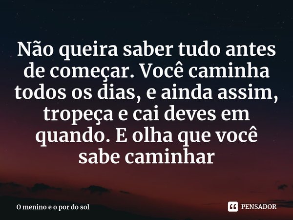 Não queira saber tudo antes de começar. Você caminha todos os dias, e ainda assim, tropeça e cai deves em quando⁠. E olha que você sabe caminhar... Frase de O menino e o por do sol.