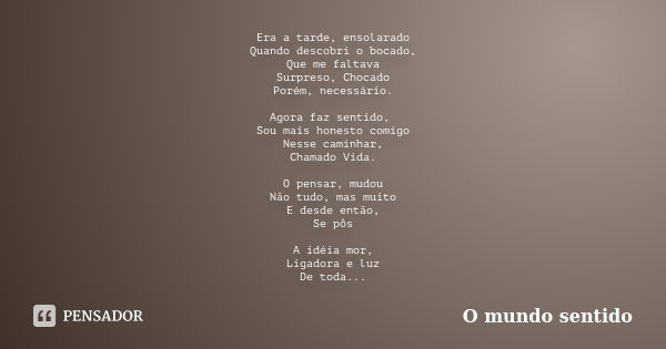 Era a tarde, ensolarado Quando descobri o bocado, Que me faltava Surpreso, Chocado Porém, necessário. Agora faz sentido, Sou mais honesto comigo Nesse caminhar,... Frase de O mundo sentido.