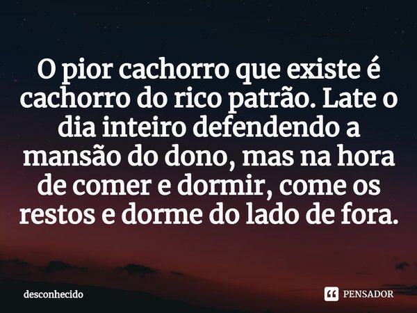 ⁠O pior cachorro que existe é cachorro do rico patrão. Late o dia inteiro defendendo a mansão do dono, mas na hora de comer e dormir, come os restos e dorme do 