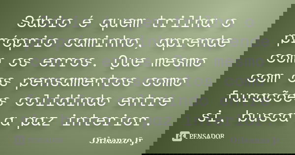 Sábio é quem trilha o próprio caminho, aprende com os erros. Que mesmo com os pensamentos como furacões colidindo entre si, busca a paz interior.... Frase de Orleanzo Jr.