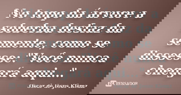 No topo da árvore a soberba desfaz da semente, como se dissesse: "Você nunca chegará aqui..."... Frase de Oscar de Jesus Klemz.