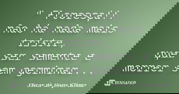 " Floresça!! não há nada mais triste, que ser semente e morrer sem germinar...... Frase de Oscar de Jesus Klemz.