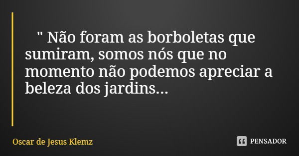 " Não foram as borboletas que sumiram, somos nós que no momento não podemos apreciar a beleza dos jardins...... Frase de Oscar de Jesus Klemz.