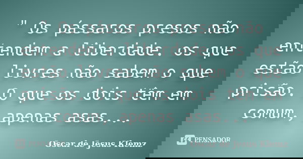 " Os pássaros presos não entendem a liberdade. os que estão livres não sabem o que prisão. O que os dois têm em comum, apenas asas...... Frase de Oscar de Jesus Klemz.