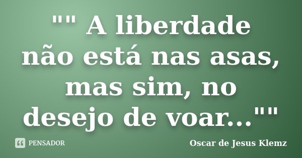 "" A liberdade não está nas asas, mas sim, no desejo de voar...""... Frase de Oscar de Jesus Klemz.