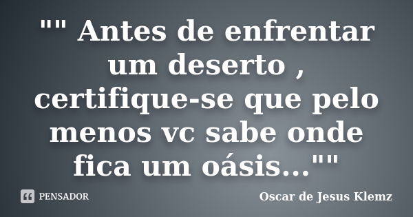 "" Antes de enfrentar um deserto , certifique-se que pelo menos vc sabe onde fica um oásis...""... Frase de Oscar de Jesus Klemz.