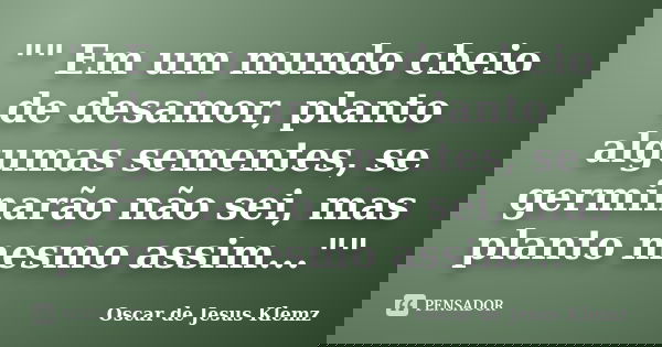 "" Em um mundo cheio de desamor, planto algumas sementes, se germinarão não sei, mas planto mesmo assim...""... Frase de Oscar de Jesus Klemz.
