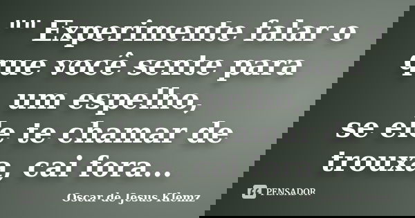 "" Experimente falar o que você sente para um espelho, se ele te chamar de trouxa, cai fora...... Frase de Oscar de Jesus Klemz.