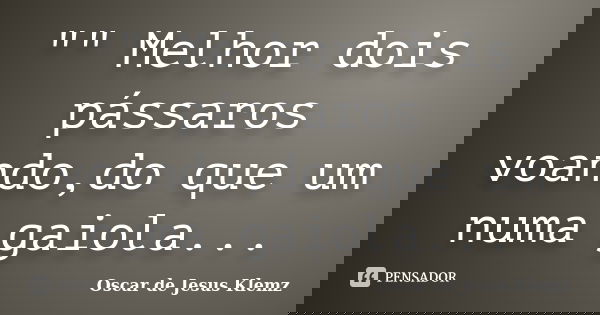"" Melhor dois pássaros voando,do que um numa gaiola...... Frase de Oscar de Jesus Klemz.