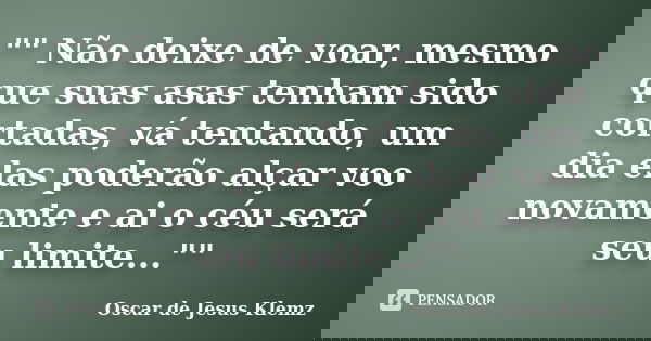 "" Não deixe de voar, mesmo que suas asas tenham sido cortadas, vá tentando, um dia elas poderão alçar voo novamente e ai o céu será seu limite...&quo... Frase de Oscar de Jesus Klemz.