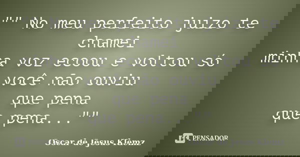 "" No meu perfeito juizo te chamei minha voz ecoou e voltou só você não ouviu que pena que pena...""... Frase de Oscar de Jesus Klemz.