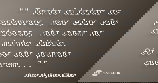 "" Tento aliciar as palavras, mas elas são ariscas, não caem na minha lábia. Só se dão quando querem...""... Frase de Oscar de Jesus Klemz.