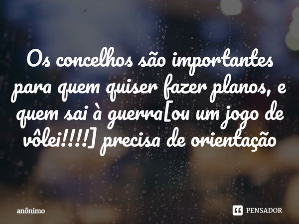 ⁠Os concelhos são importantes para quem quiser fazer planos, e quem sai à guerra[ou um jogo de vôlei!!!!] precisa de orientação... Frase de Anônimo.