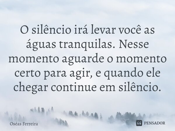 O silêncio irá levar você as águas tranquilas. Nesse momento aguarde o momento certo para agir, e quando ele chegar continue em silêncio.... Frase de Oséas Ferreira.