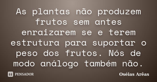 As plantas não produzem frutos sem antes enraizarem se e terem estrutura para suportar o peso dos frutos. Nós de modo análogo também não.... Frase de Oséias Arêas.