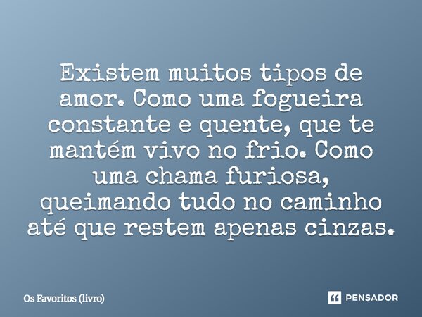 ⁠Existem muitos tipos de amor. Como uma fogueira constante e quente, que te mantém vivo no frio. Como uma chama furiosa, queimando tudo no caminho até que reste... Frase de Os Favoritos (livro).