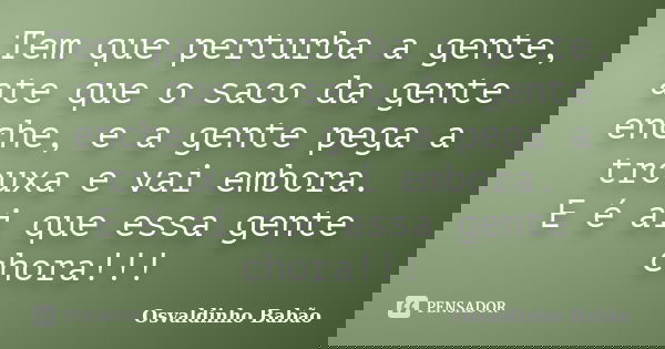 Tem que perturba a gente, ate que o saco da gente enche, e a gente pega a trouxa e vai embora. E é ai que essa gente chora!!!... Frase de Osvaldinho Babão.