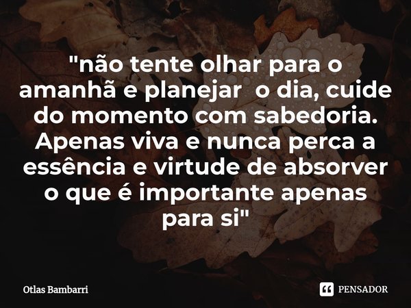 ⁠"não tente olhar para o amanhã e planejar o dia, cuide do momento com sabedoria. Apenas viva e nunca perca a essência e virtude de absorver o que é import... Frase de Otlas bambarri.