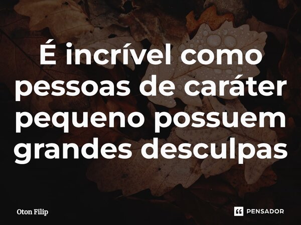 É⁠ incrível como pessoas de caráter pequeno possuem grandes desculpas... Frase de Oton Filip.