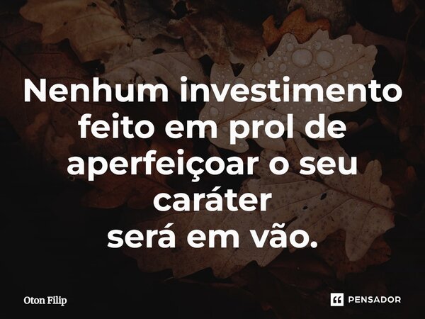 Nenhum investimento feito em prol de aperfeiçoar o seu caráter será em vão.... Frase de Oton Filip.