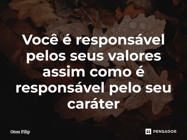 ⁠⁠Você é responsável pelos seus valores assim como é responsável pelo seu caráter... Frase de Oton Filip.