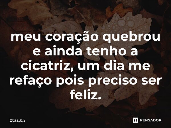 ⁠meu coração quebrou e ainda tenho a cicatriz, um dia me refaço pois preciso ser feliz.... Frase de Ousaruh.
