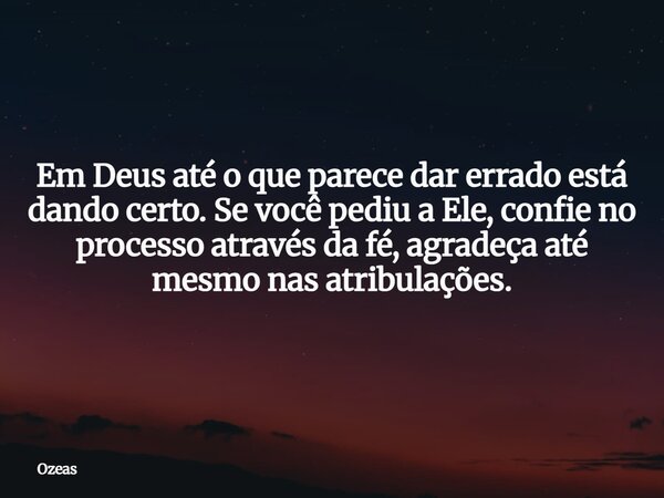 Em Deus até o que parece dar errado está dando certo. Se você pediu a Ele, confie no processo através da fé, agradeça até mesmo nas atribulações.... Frase de Ozeas.