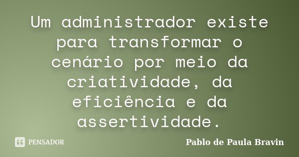 Um administrador existe para transformar o cenário por meio da criatividade, da eficiência e da assertividade.... Frase de Pablo de Paula Bravin.