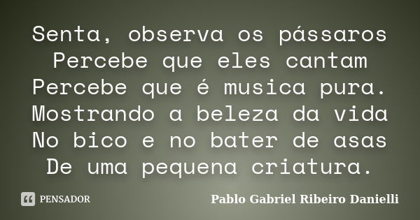 Senta, observa os pássaros Percebe que eles cantam Percebe que é musica pura. Mostrando a beleza da vida No bico e no bater de asas De uma pequena criatura.... Frase de Pablo Gabriel Ribeiro Danielli.