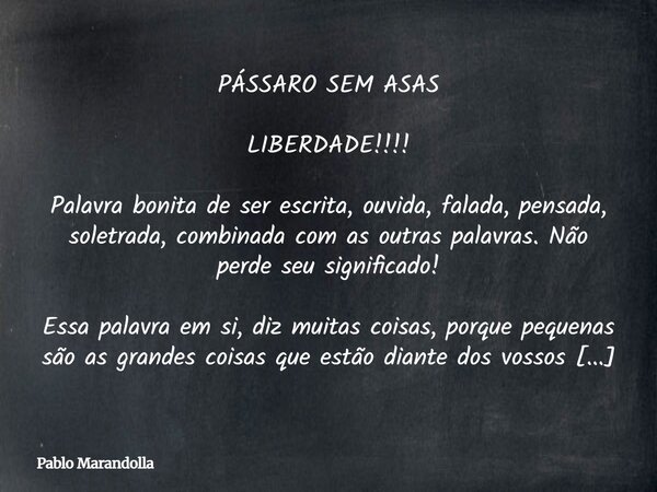 PÁSSARO SEM ASAS LIBERDADE!!!! Palavra bonita de ser escrita, ouvida, falada, pensada, soletrada, combinada com as outras palavras. Não perde seu significado! E... Frase de Pablo Marandolla.