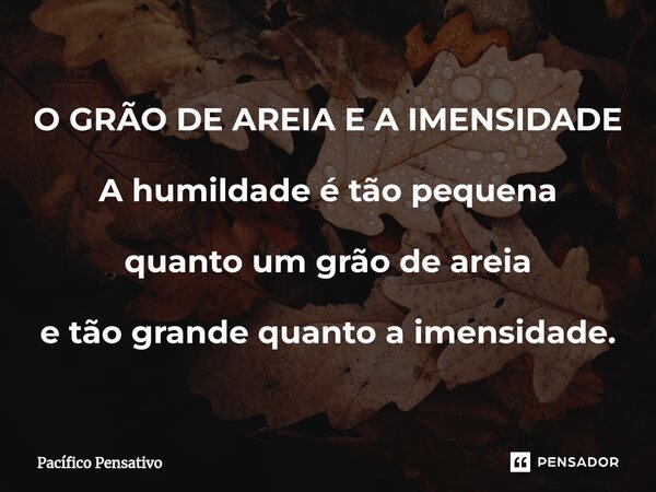 ⁠O GRÃO DE AREIA E A IMENSIDADE A humildade é tão pequena quanto um grão de areia e tão grande quanto a imensidade.... Frase de Pacífico Pensativo.