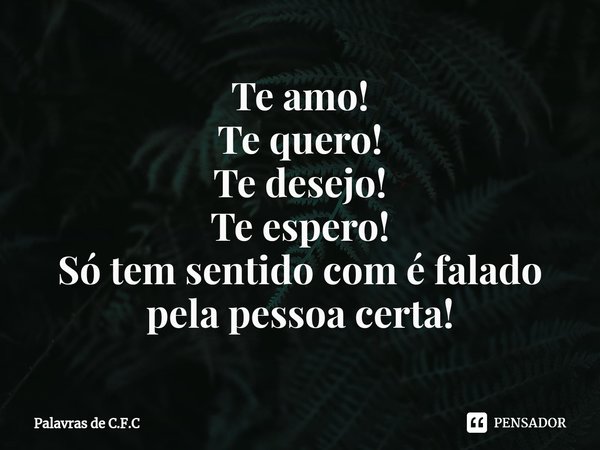 ⁠Te amo!
Te quero!
Te desejo!
Te espero!
Só tem sentido com é falado pela pessoa certa!... Frase de Palavras de C.F.C.