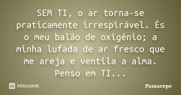 SEM TI, o ar torna-se praticamente irrespirável. És o meu balão de oxigénio; a minha lufada de ar fresco que me areja e ventila a alma. Penso em TI...... Frase de Pamarepe.