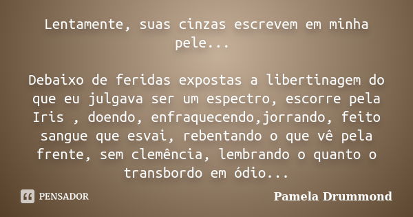 Lentamente, suas cinzas escrevem em minha pele... Debaixo de feridas expostas a libertinagem do que eu julgava ser um espectro, escorre pela Iris , doendo, enfr... Frase de Pamela Drummond.