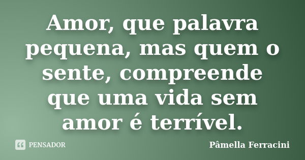 Amor, que palavra pequena, mas quem o sente, compreende que uma vida sem amor é terrível.... Frase de Pâmella Ferracini.